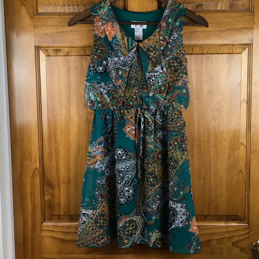Sweet‎ Storm Teal Paisley Sleeveless Mini Dress Eclectic Hippie Boho Small